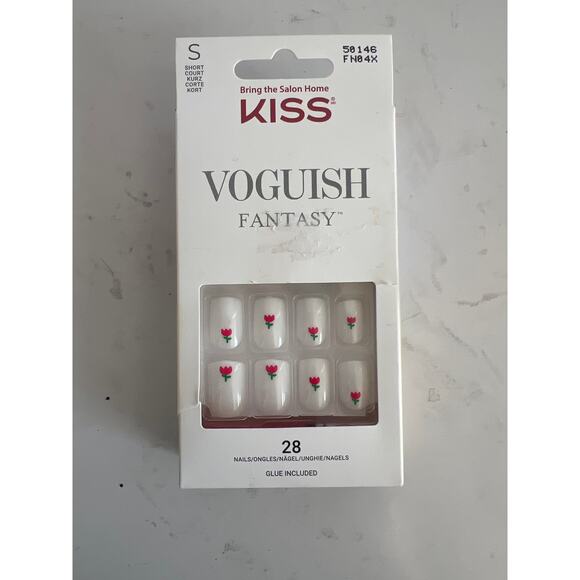 KISS VOGUISH FANTASY GEL NAILS WHITE PINK GREEN TULIPS SHORT LENGTH BRAND NEW - Picture 1 of 5